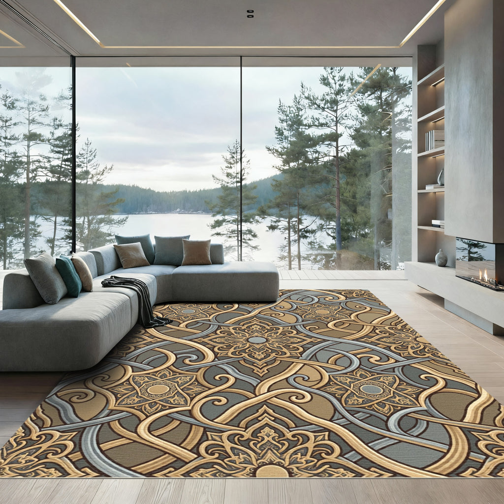 Intricate Gold Gray Arabesque Scroll Rug
