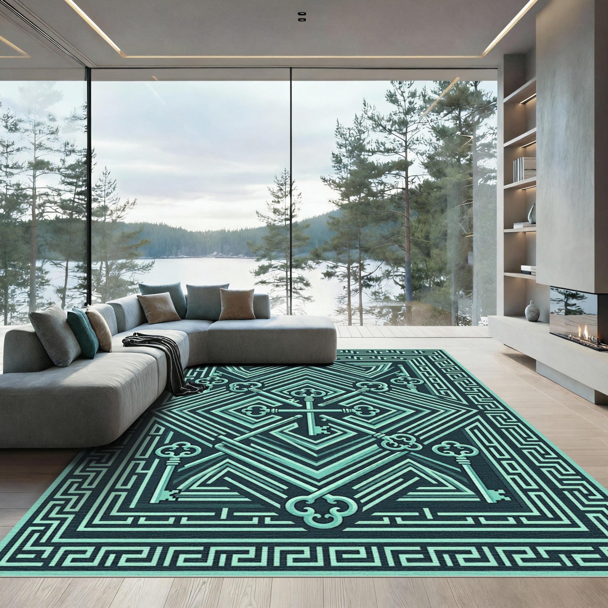 Turquoise Vintage Keys Maze Composition Rug