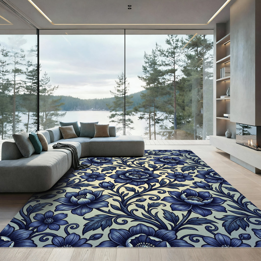 Deep Blue Vintage Floral Scroll Rug
