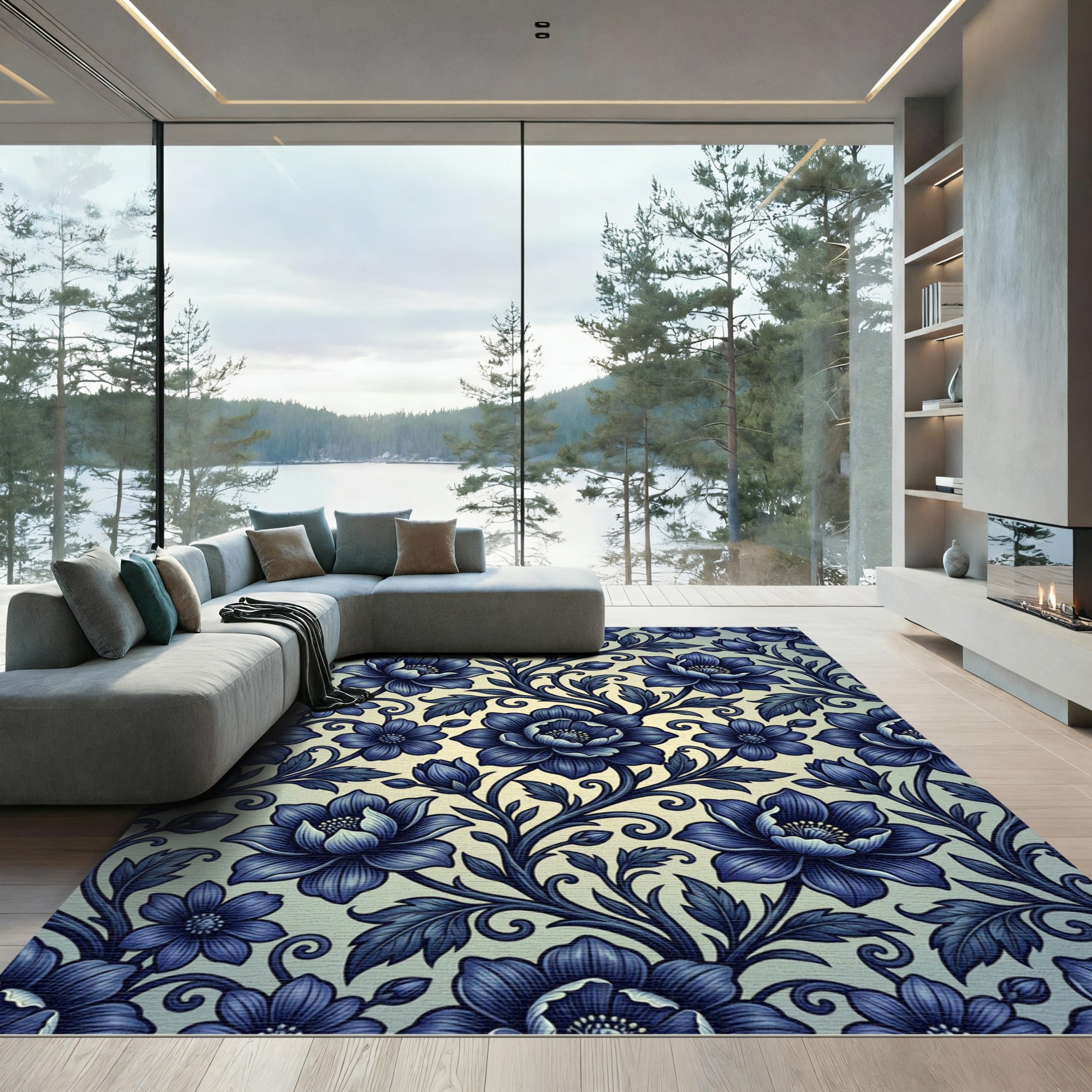 Deep Blue Vintage Floral Scroll Rug