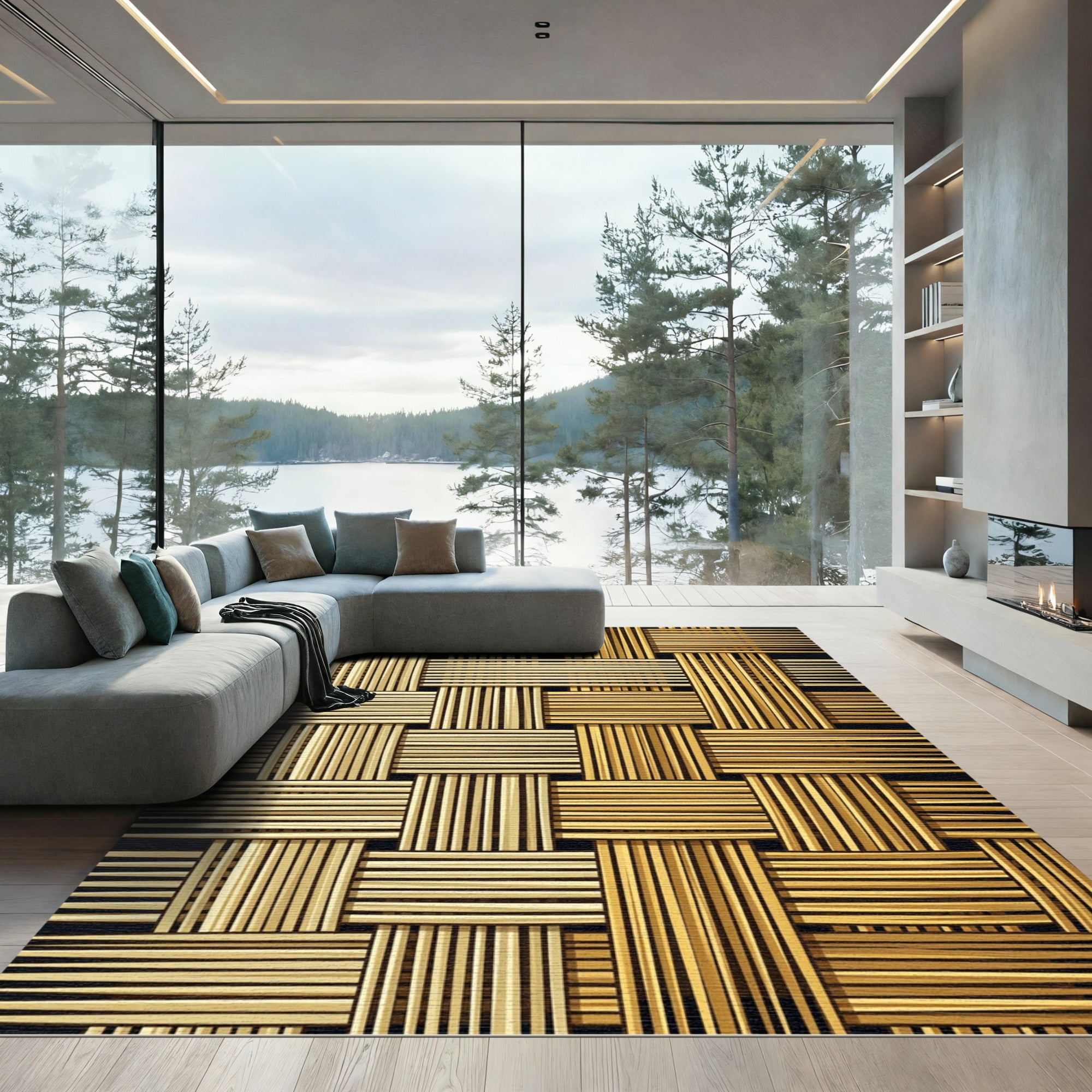 Golden Woven Reed Texture Rug