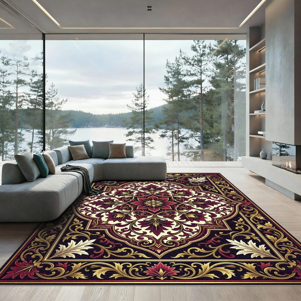 Crimson Floral Medallion Gold Filigree Rug
