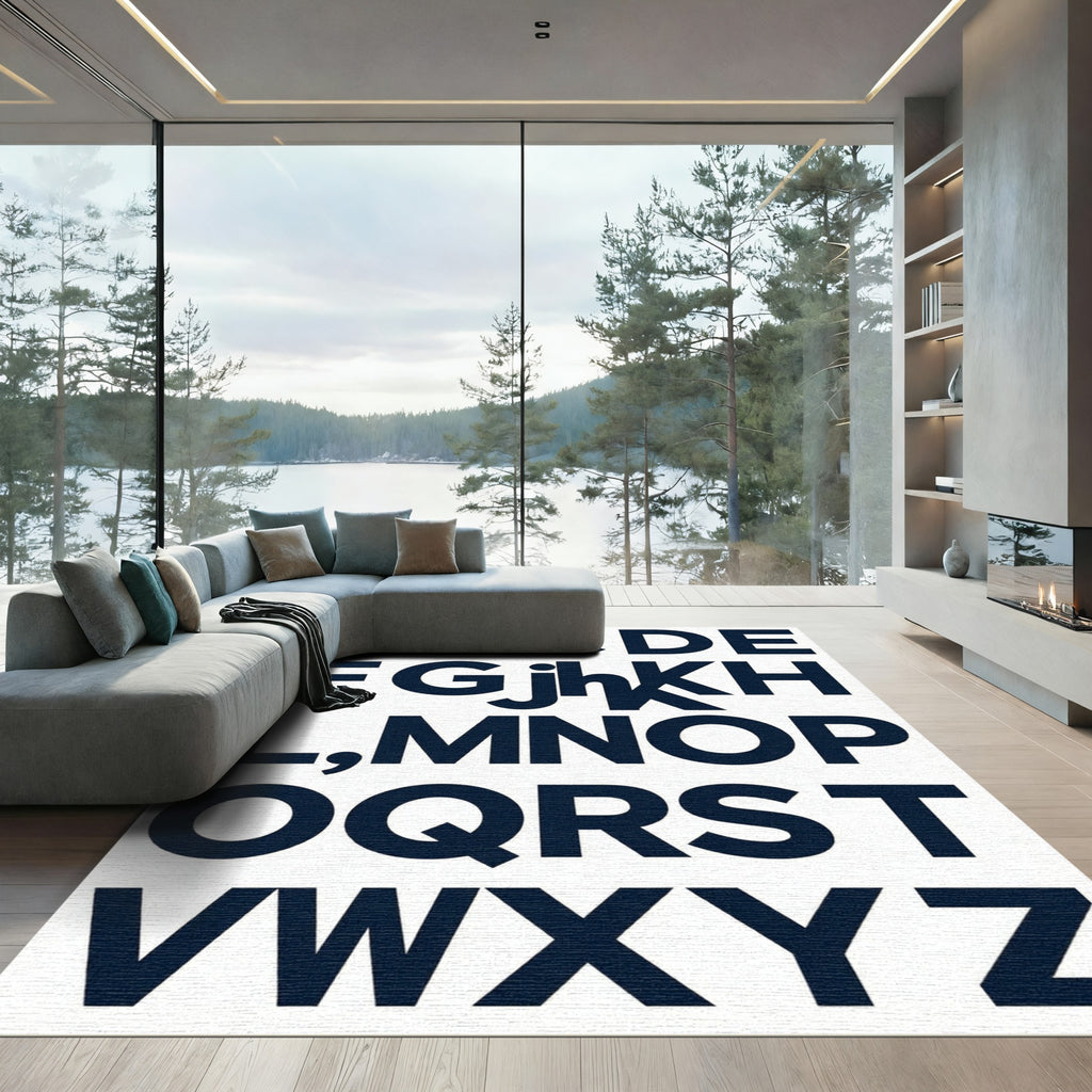Modern Navy Alphabet Typography Statement Art Rug