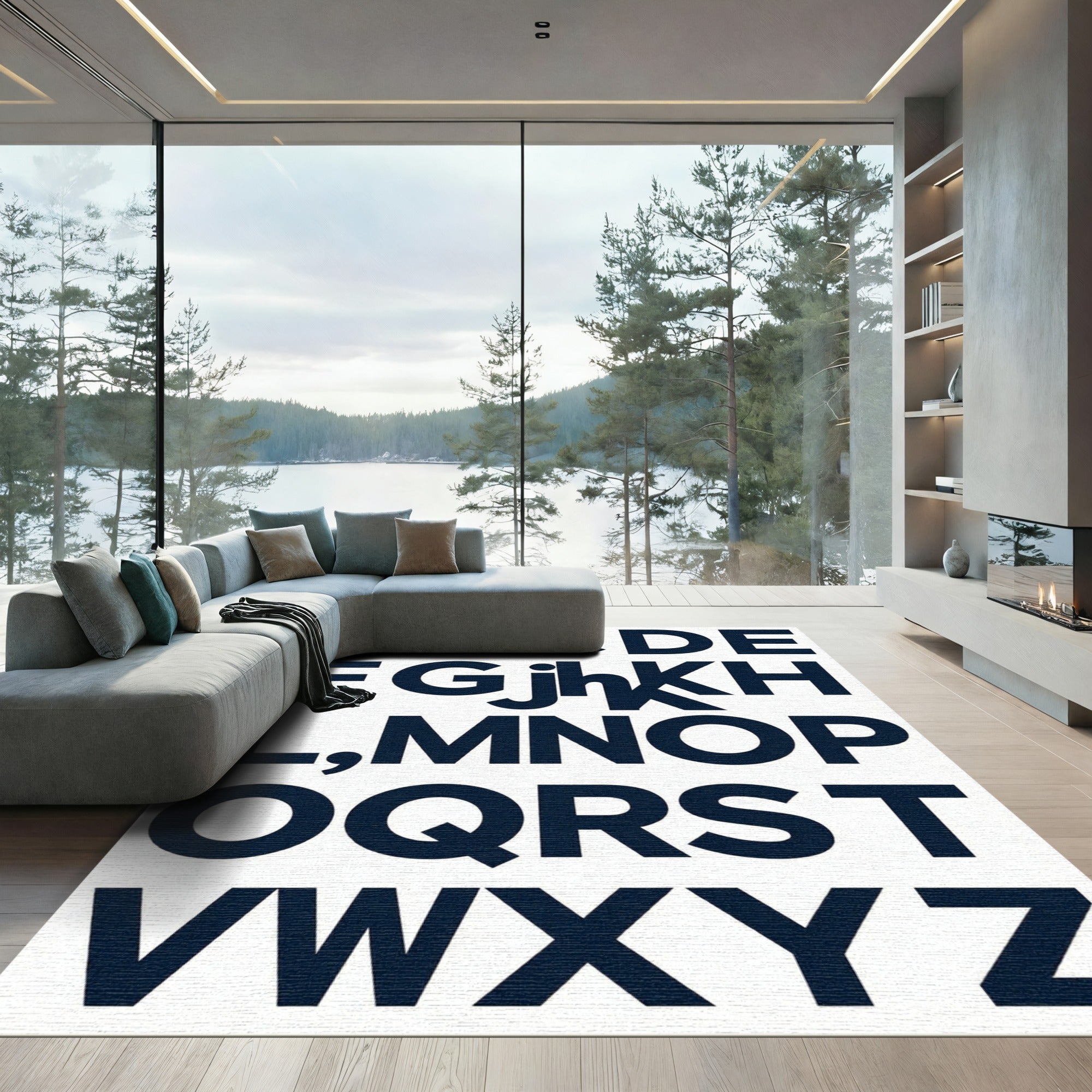 Modern Navy Alphabet Typography Statement Art Rug
