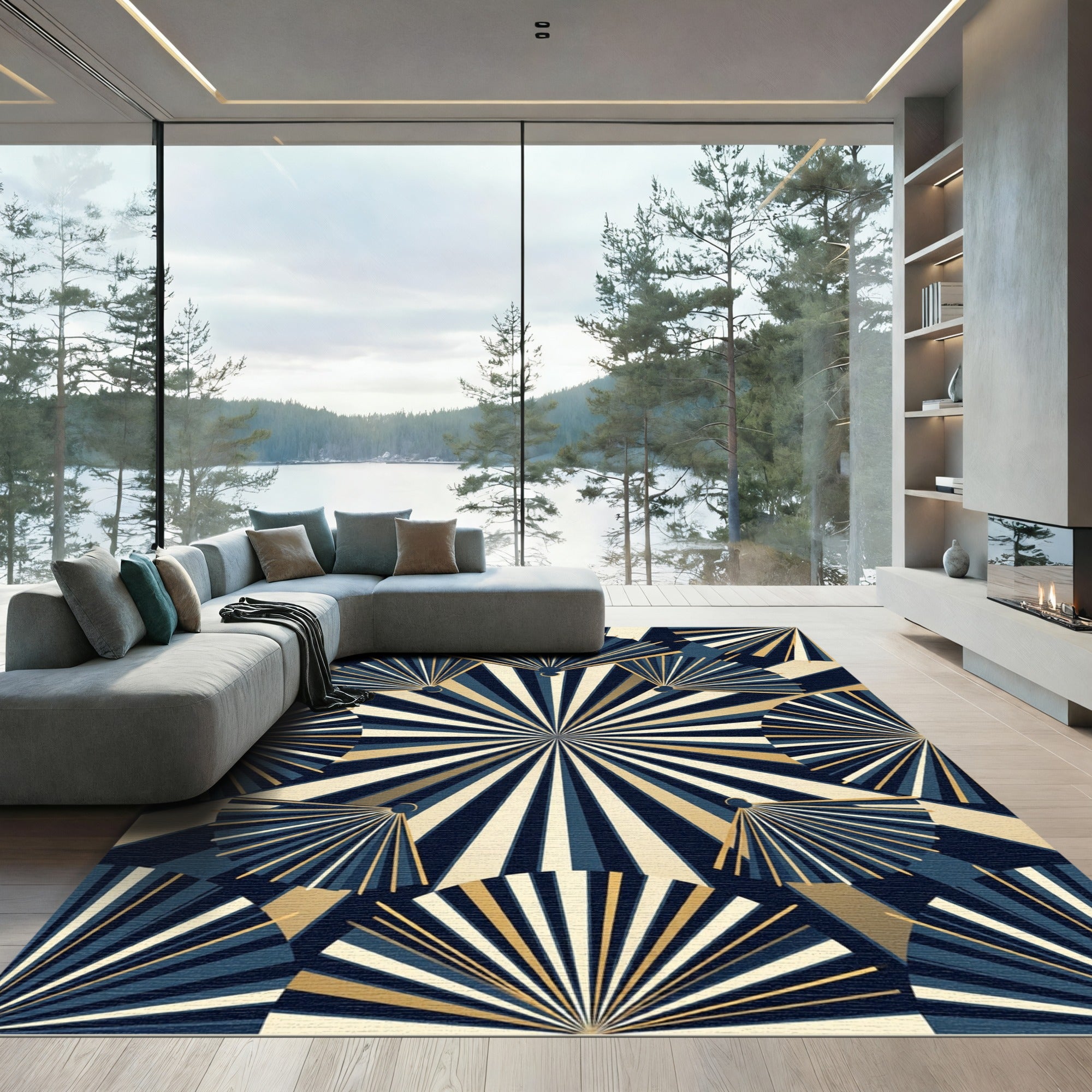Art Deco Navy and Gold Fan Rug