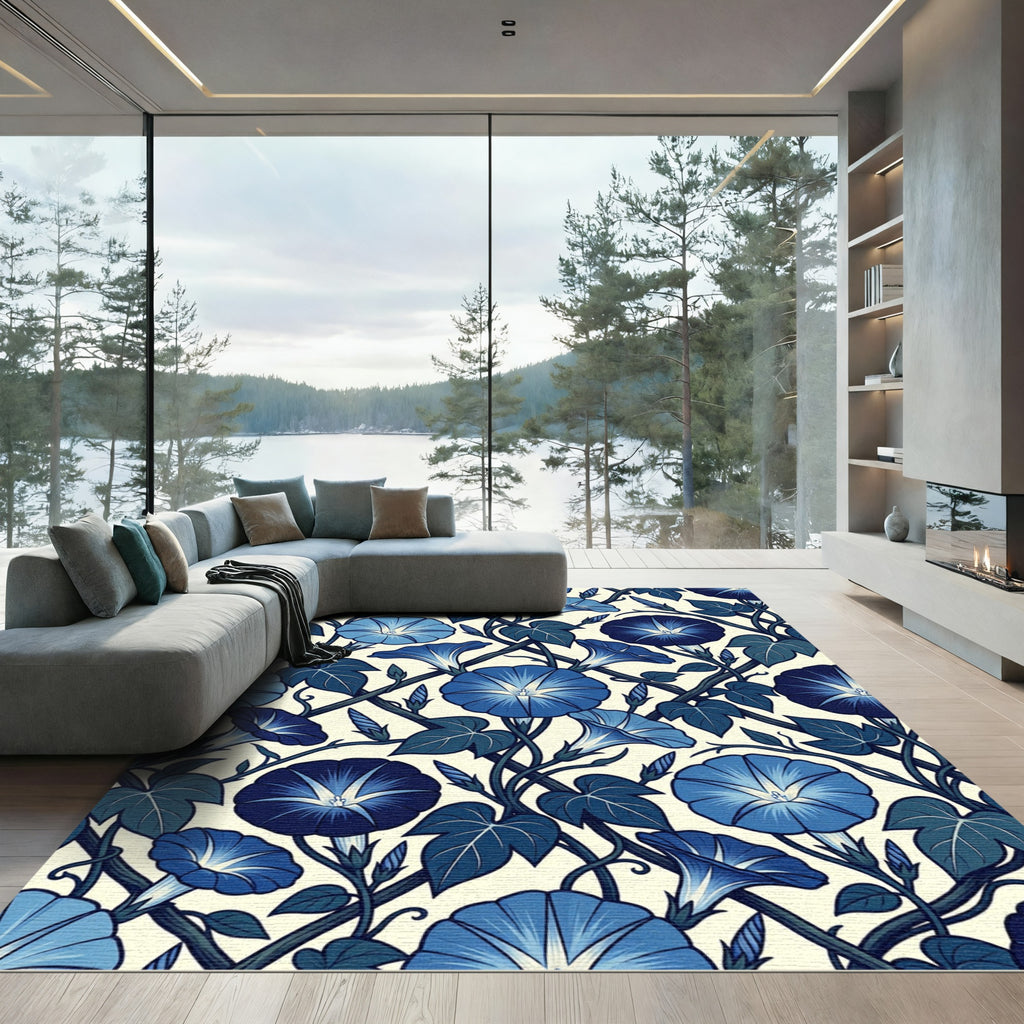 Vintage Indigo Morning Glory Botanical Rug