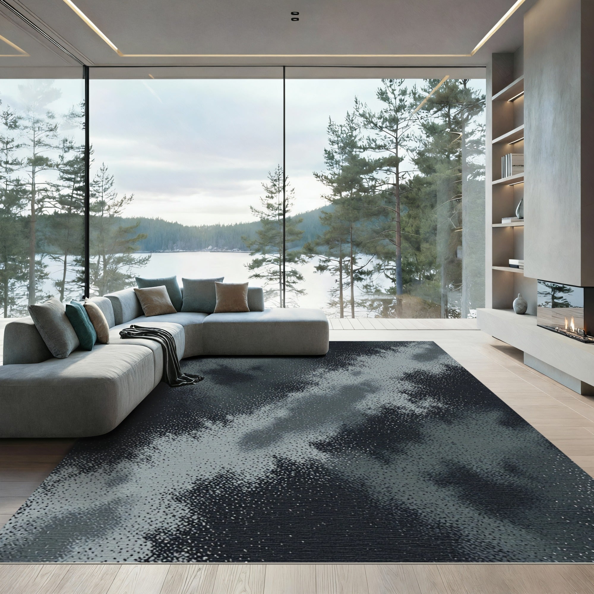 Charcoal Gray Abstract Cloudy Sky Rug