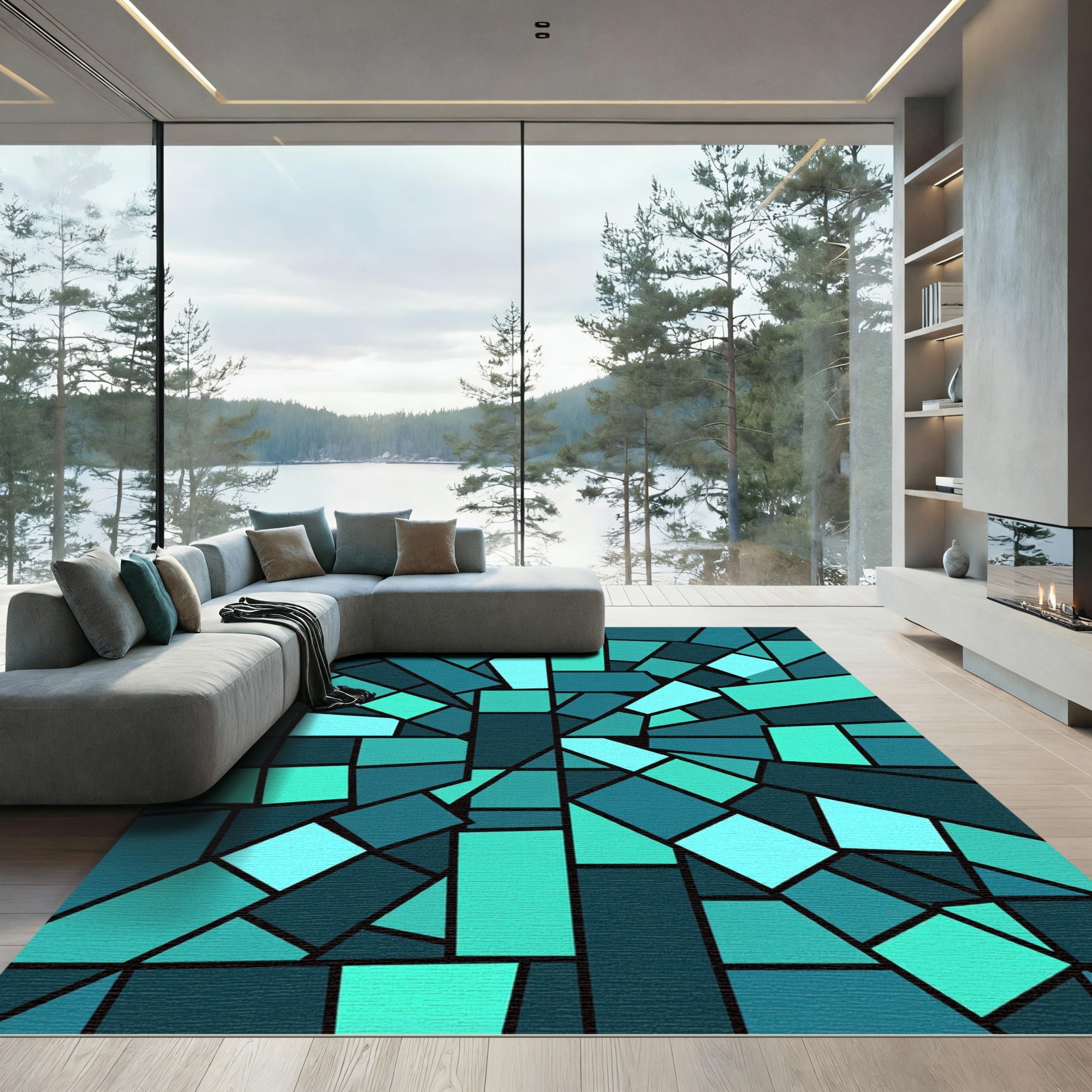 Teal Geometric Abstract Fragment Area Rug