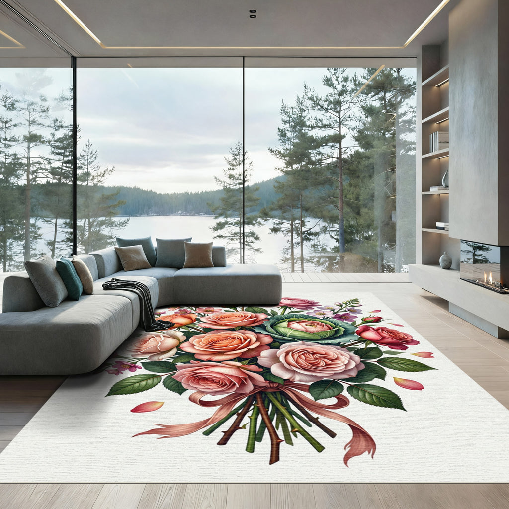 Romantic Soft Pink Rose Bouquet Art Rug
