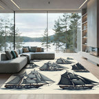 Illustrative Monochrome Sailing Ship Navy Artwork Rug