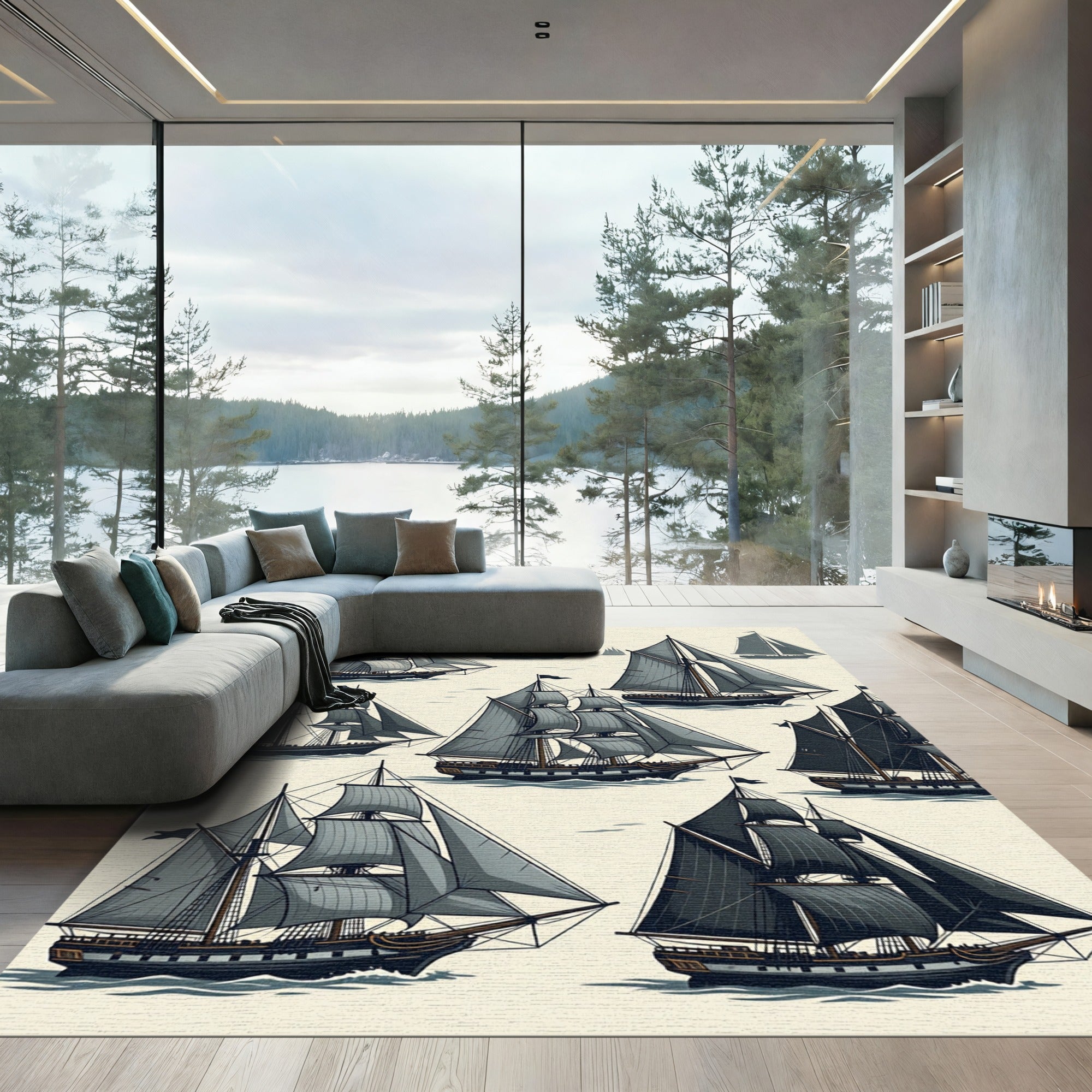 Illustrative Monochrome Sailing Ship Navy Artwork Rug
