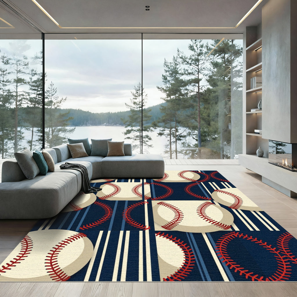Contemporary Navy Baseball Striped Accent Rug