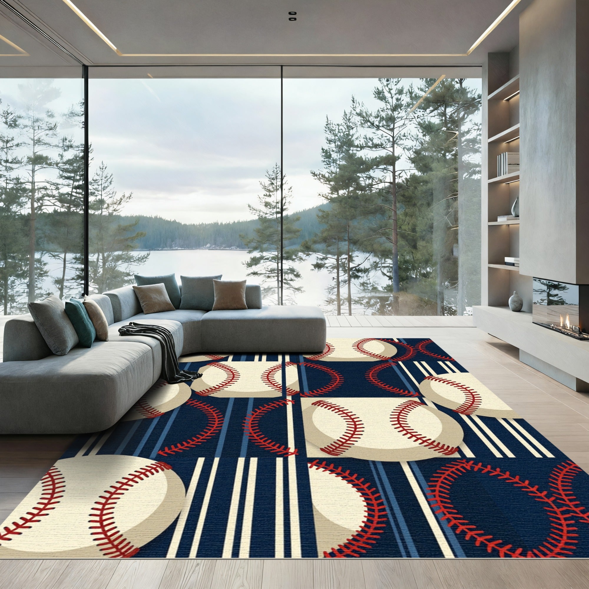Contemporary Navy Baseball Striped Accent Rug