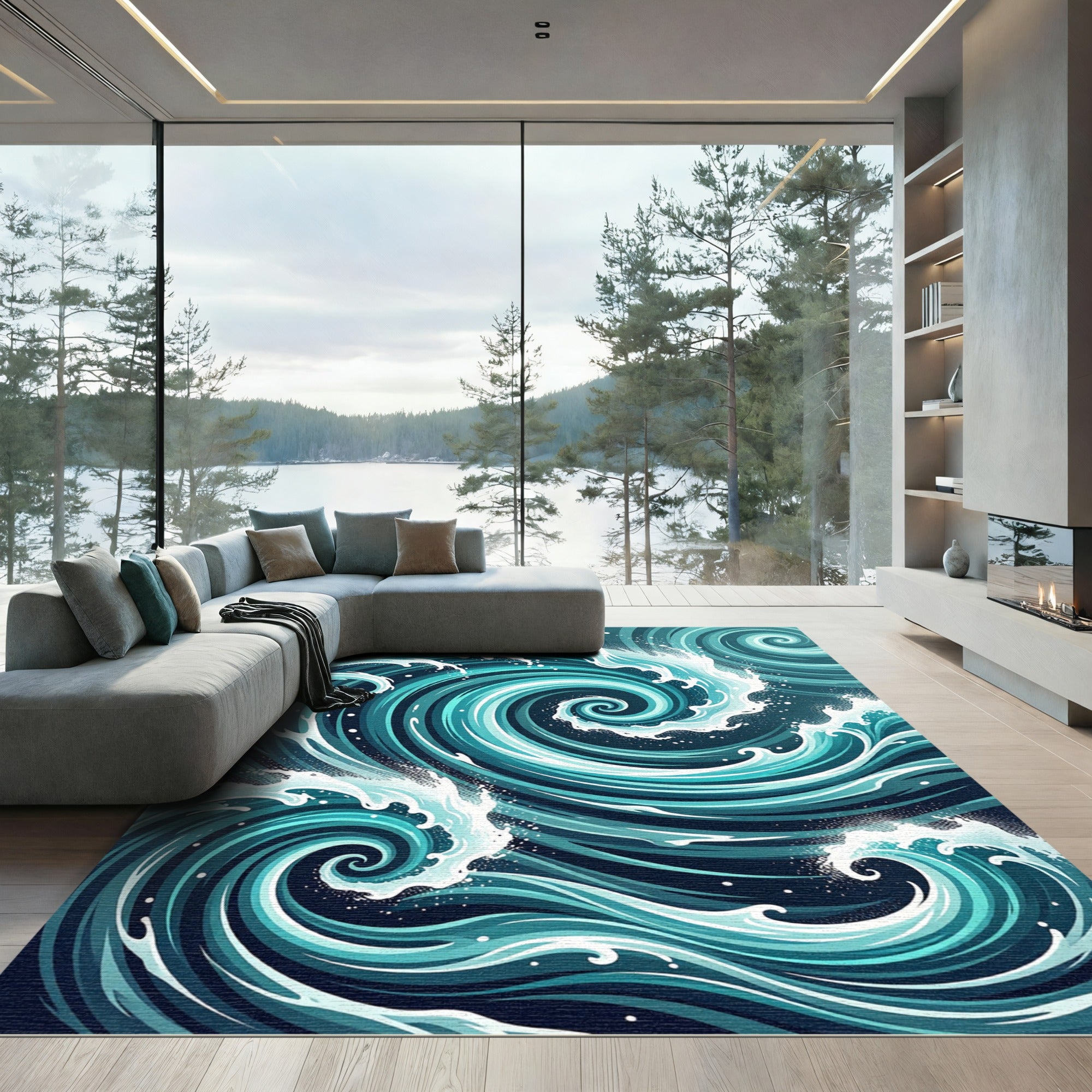 Dynamic Teal Swirling Ocean Wave Rug