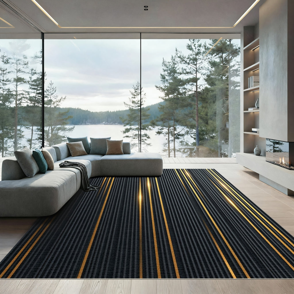 Modern Black Gold Vertical Stripe Rug