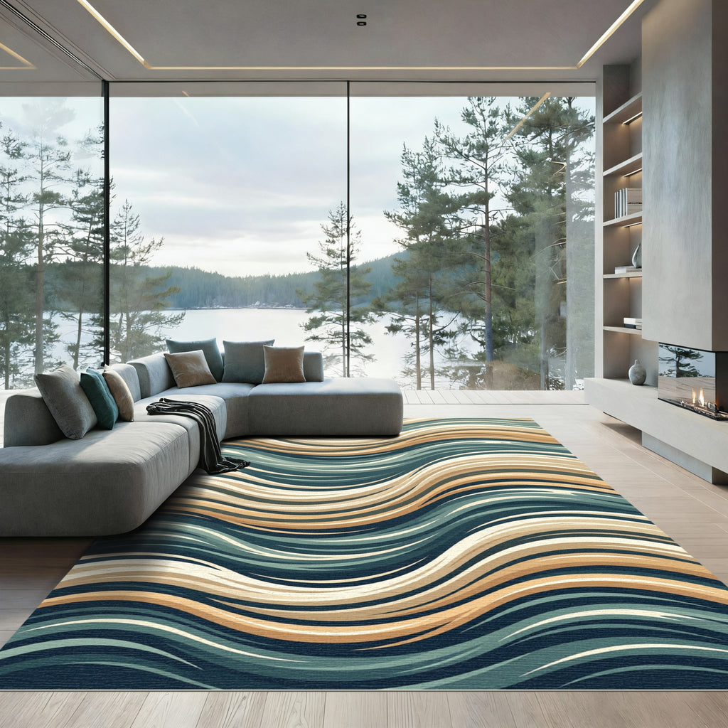 Earthy Blue and Gold Wavy Lines Rug