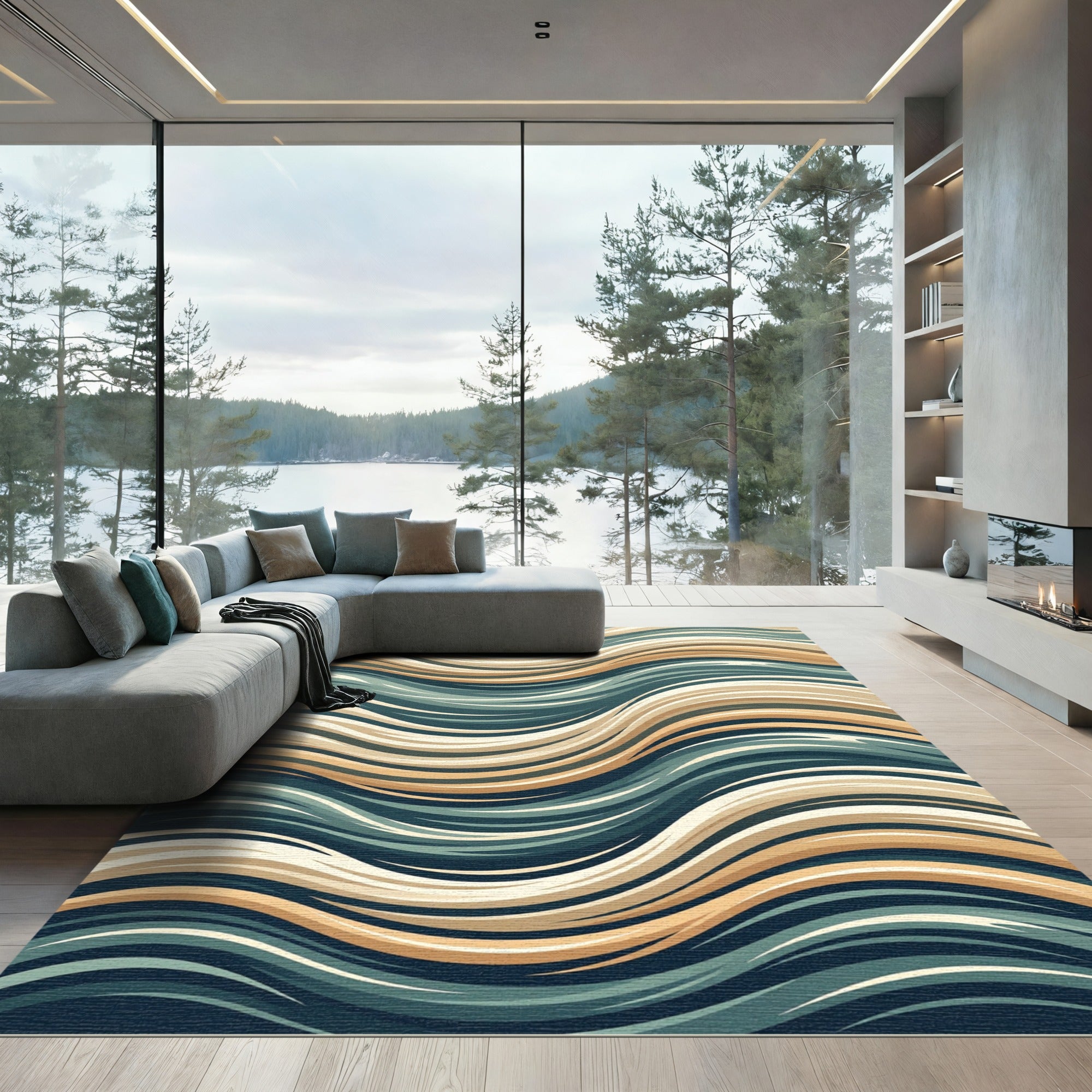 Earthy Blue and Gold Wavy Lines Rug