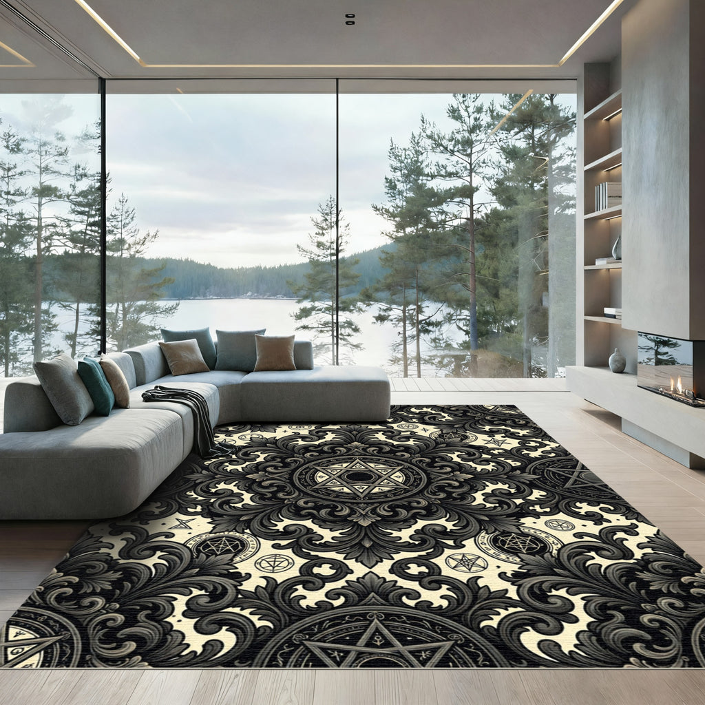 Onyx Gothic Damask Esoteric Star Tapestry Rug