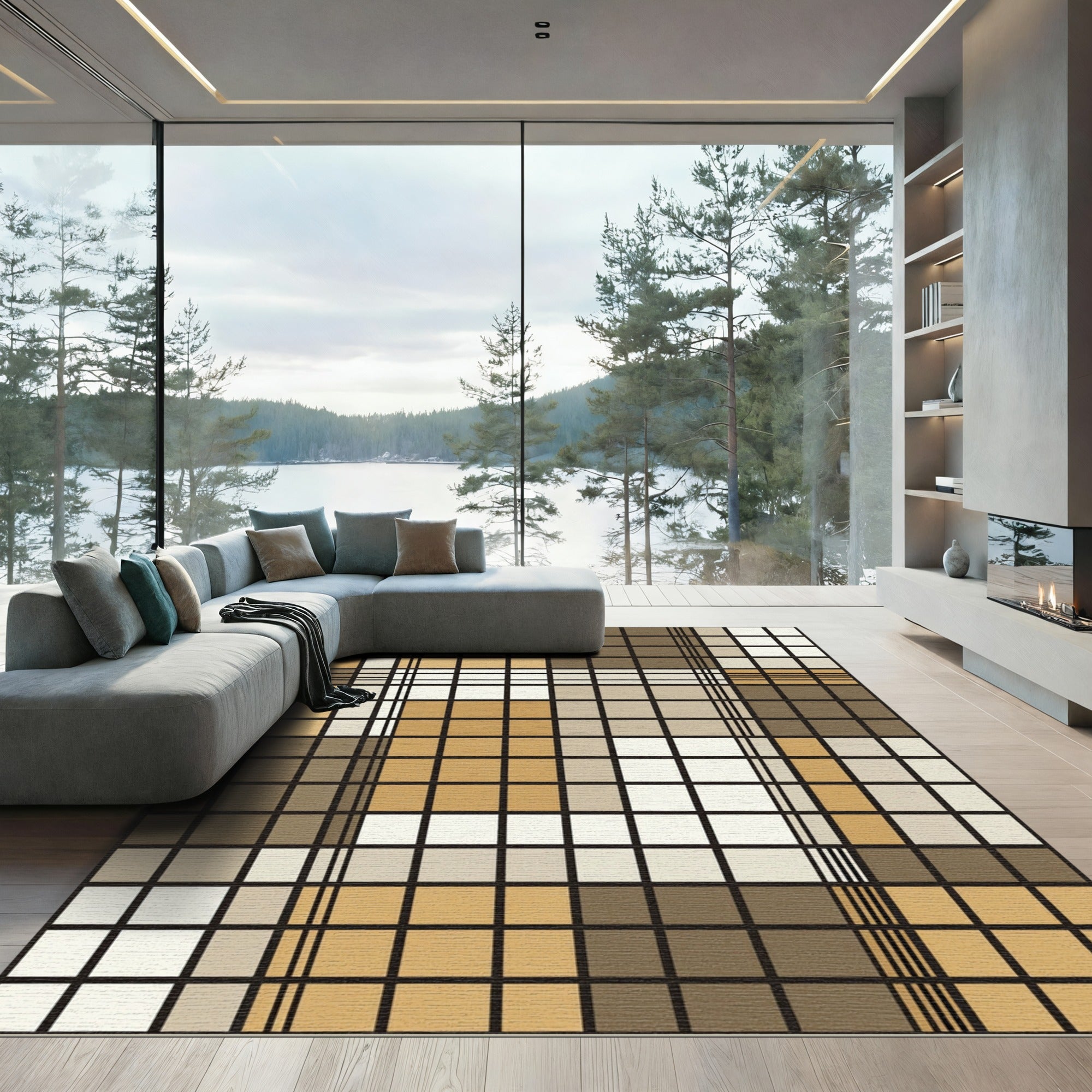 Neutral Tones Plaid Square Composition Rug
