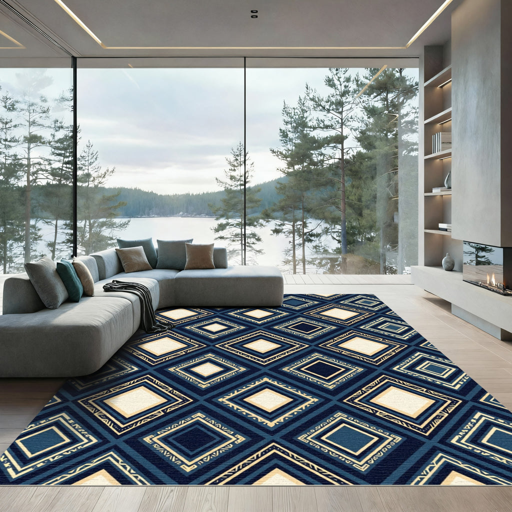 Navy and Cream Geometric Diamond Lattice Rug