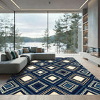 Navy and Cream Geometric Diamond Lattice Rug