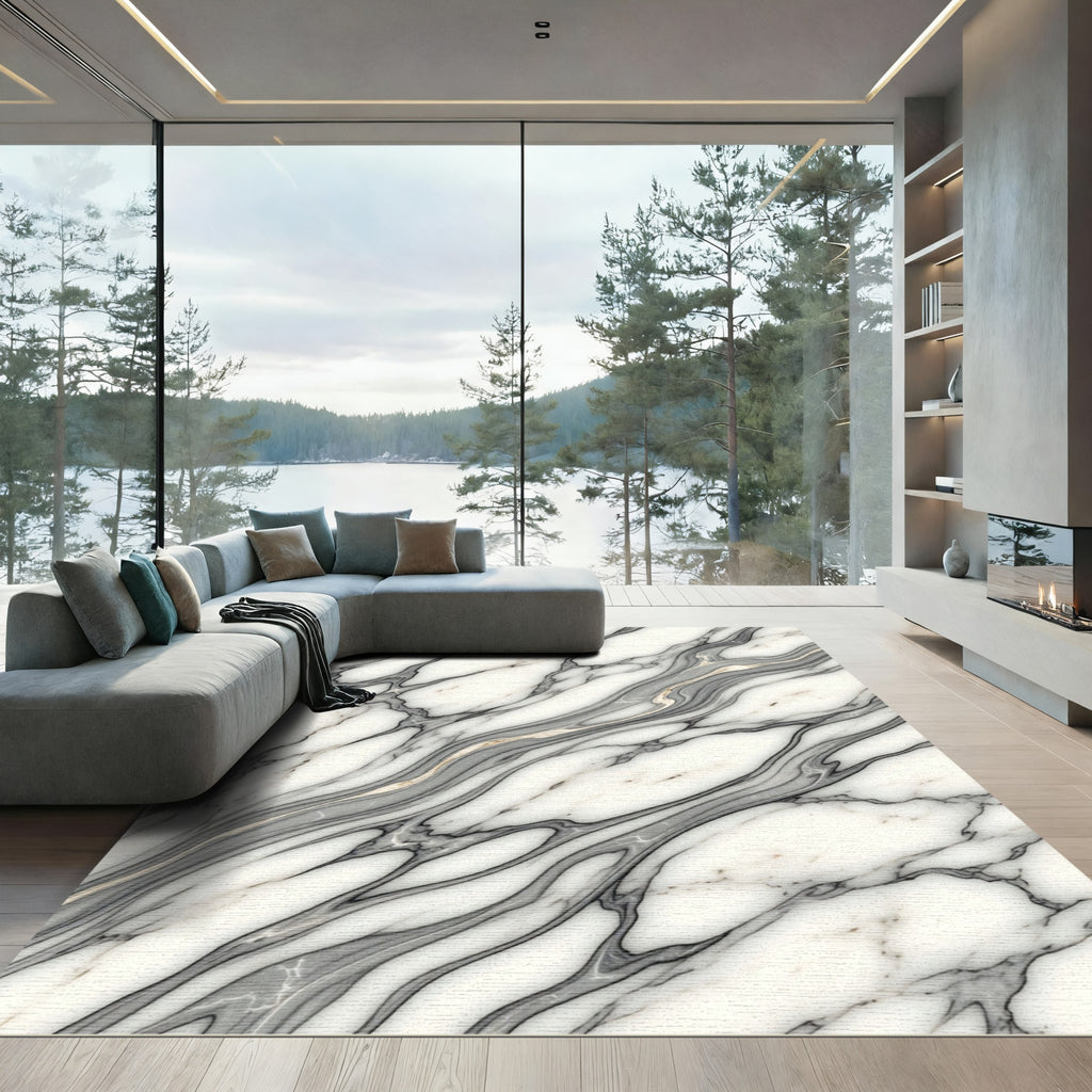 Elegant Gray and White Marble Swirl Rug