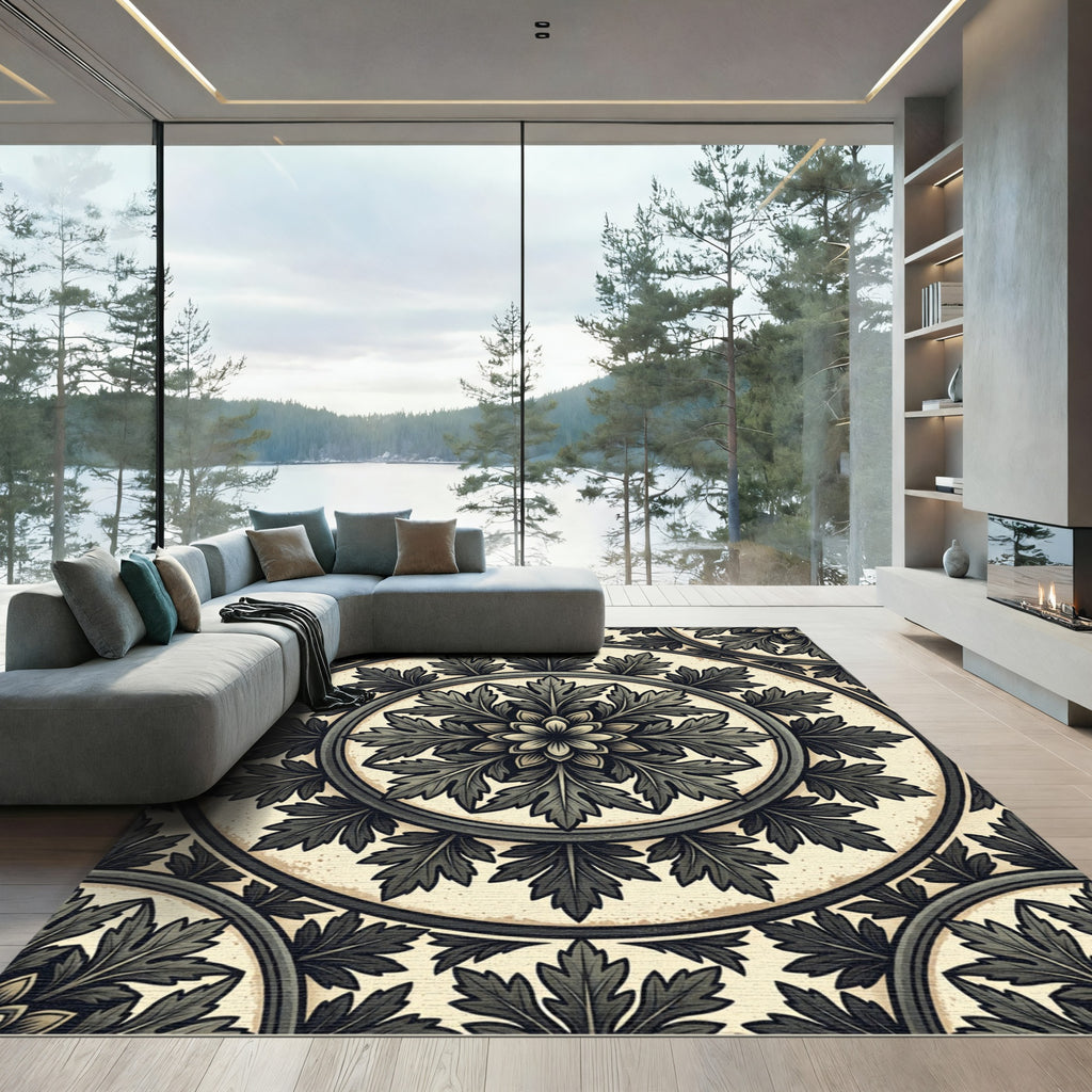 Charcoal Acanthus Leaf Circular Medallion Rug