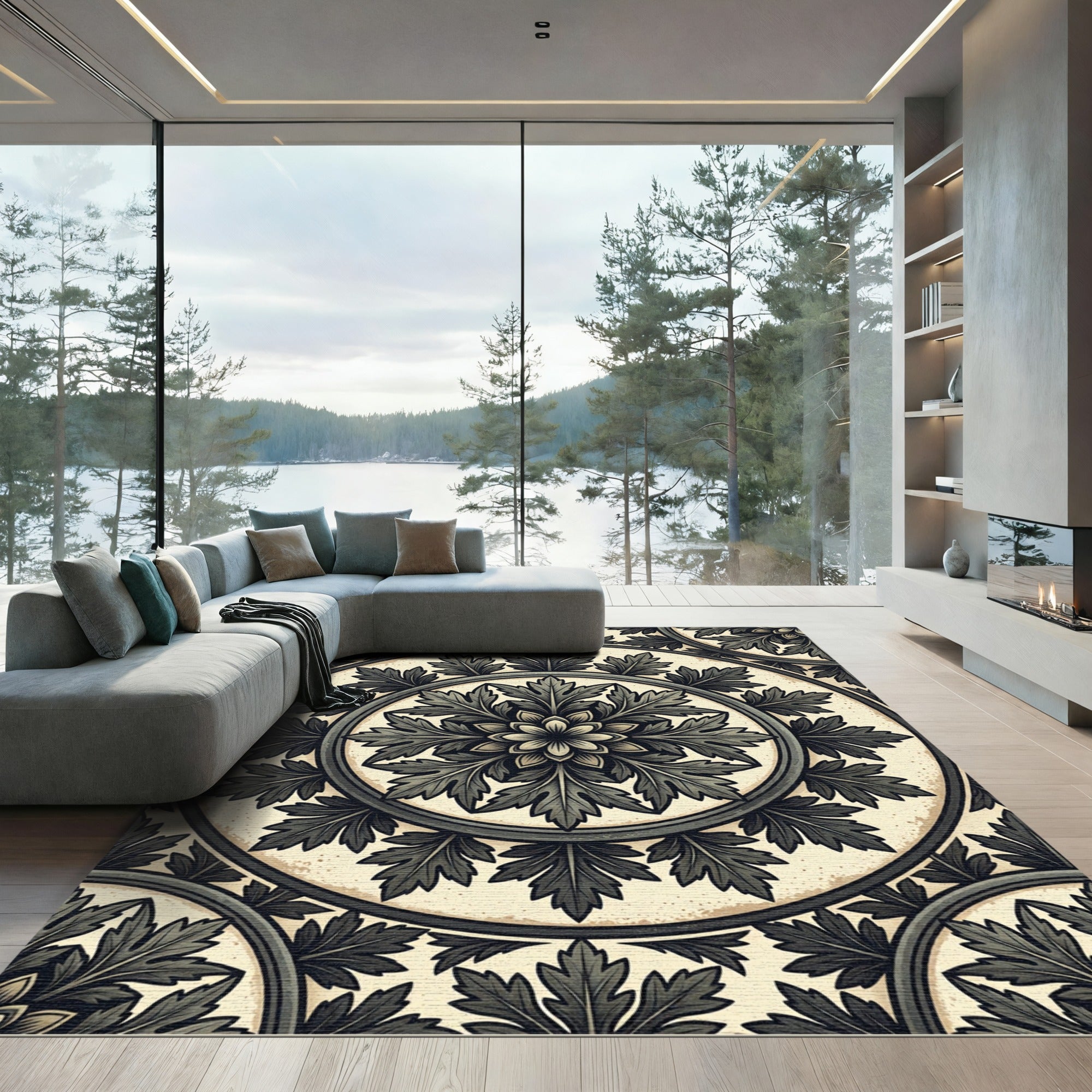 Charcoal Acanthus Leaf Circular Medallion Rug
