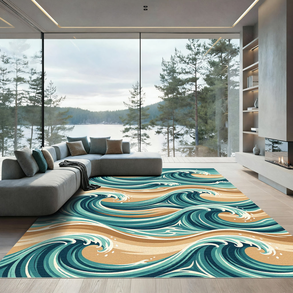 Ocean Wave Teal Cream Swirl Rug