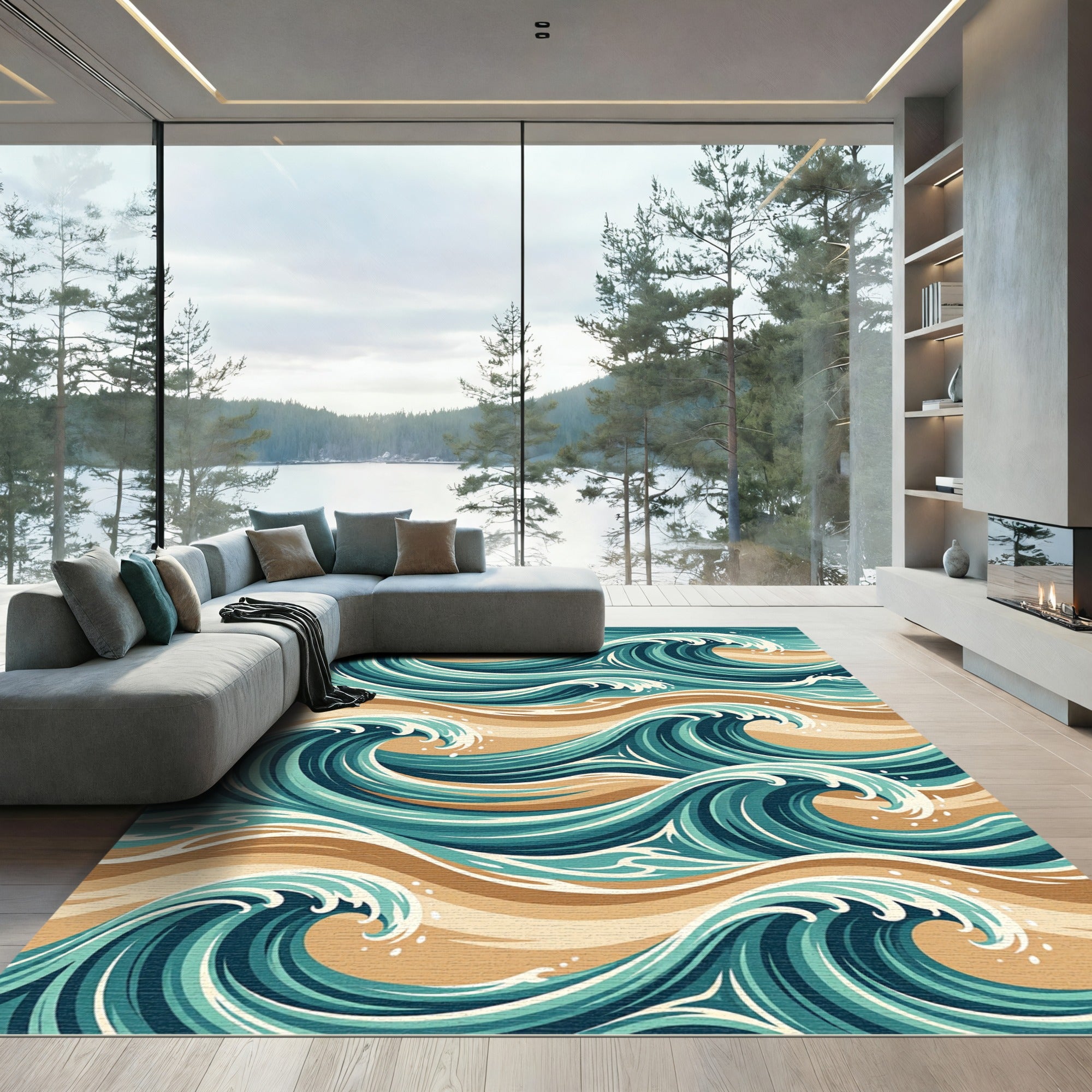 Ocean Wave Teal Cream Swirl Rug