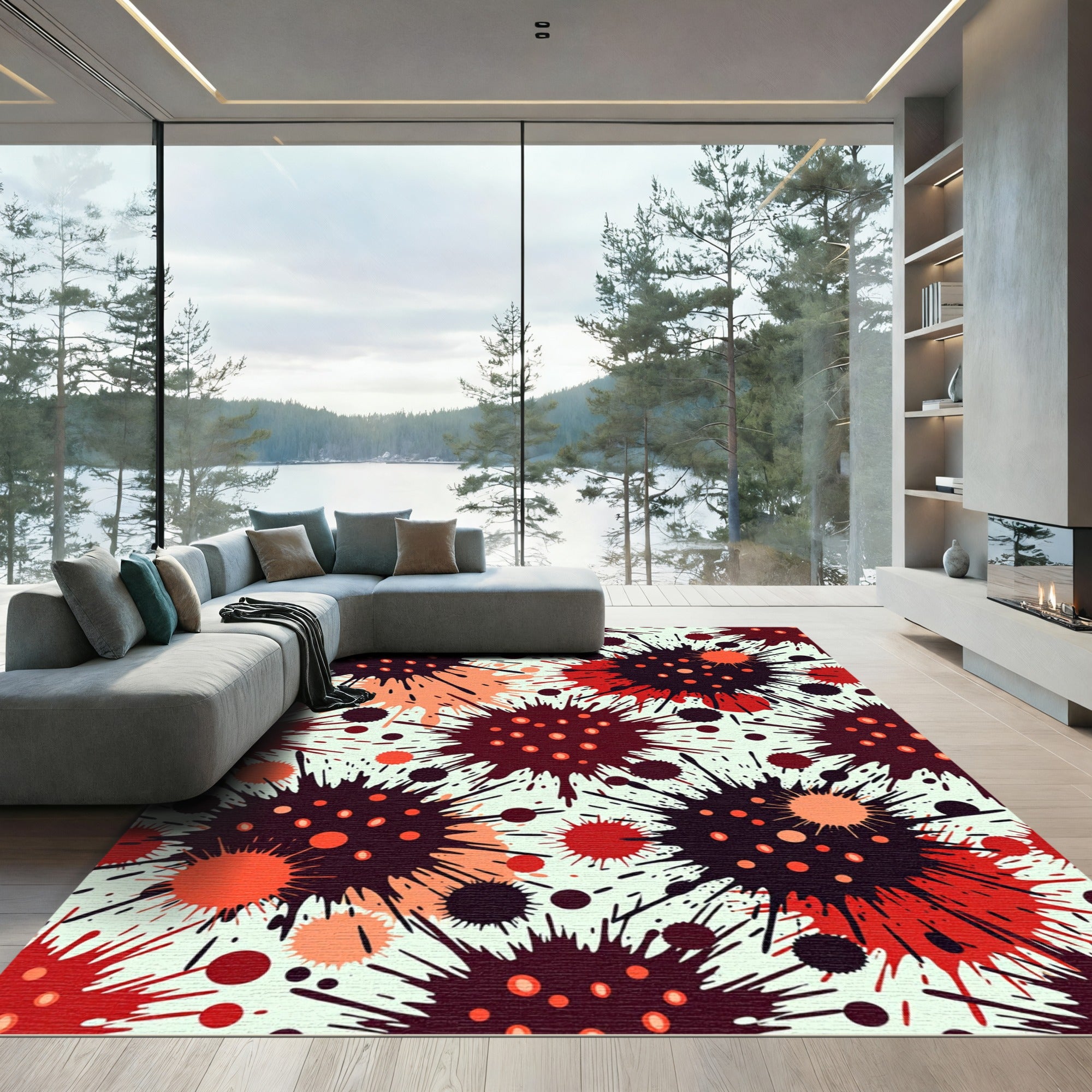Crimson Orange Spiky Ink Splatter Rug