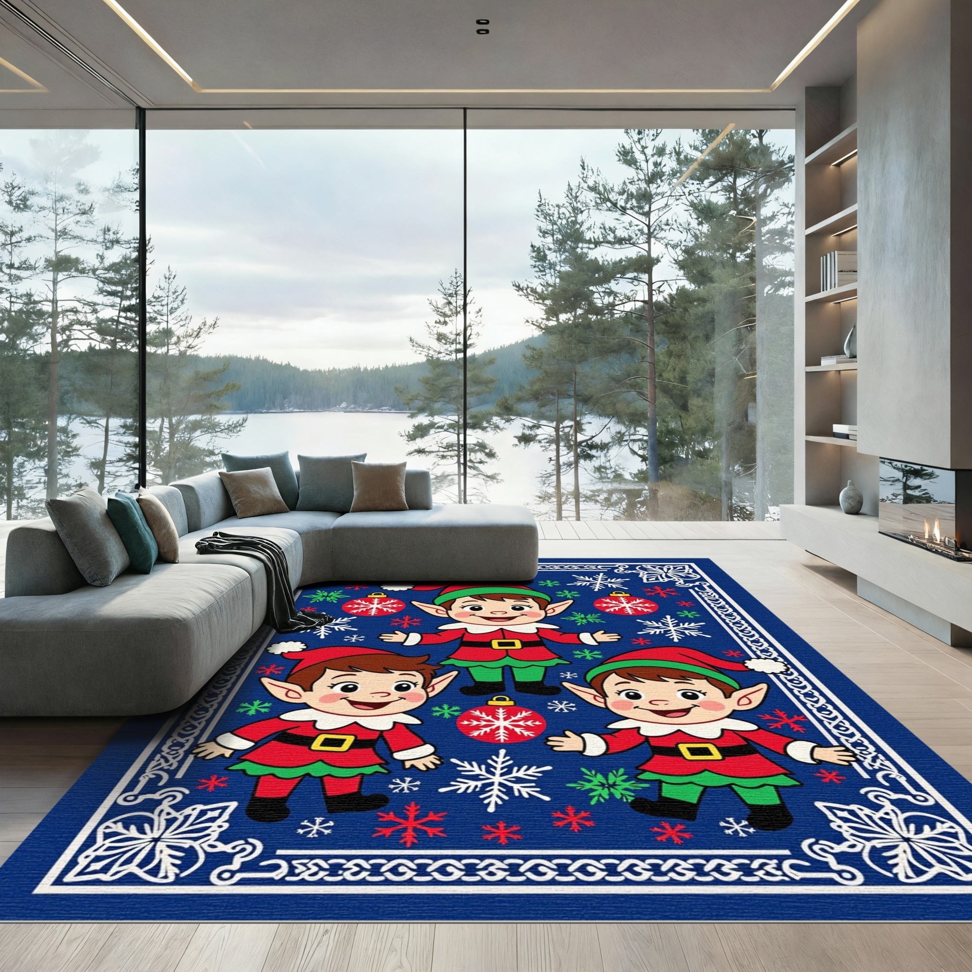 Three Cheerful Christmas Elves Rug