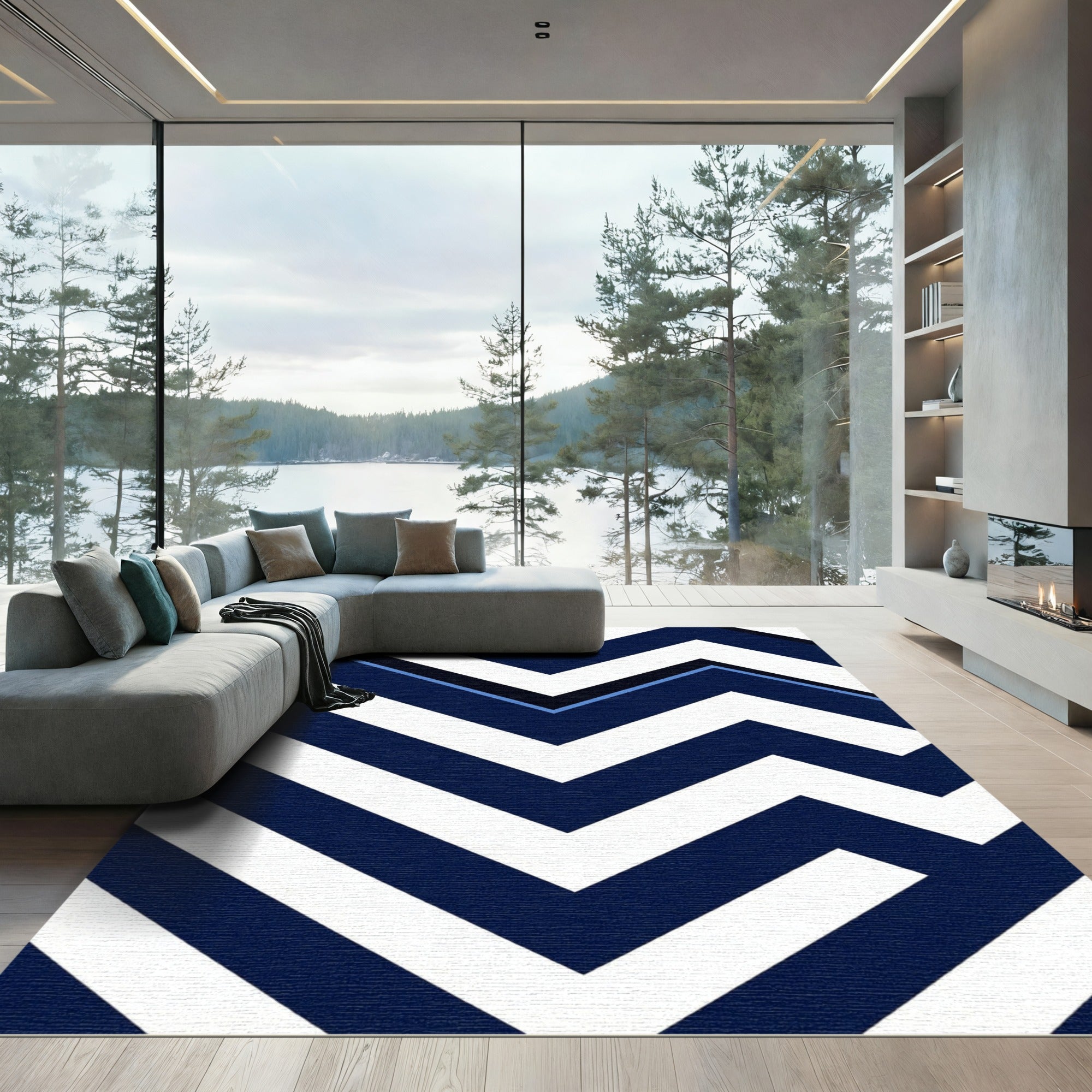 Modern Cobalt Geometric Arrow Chevron Rug