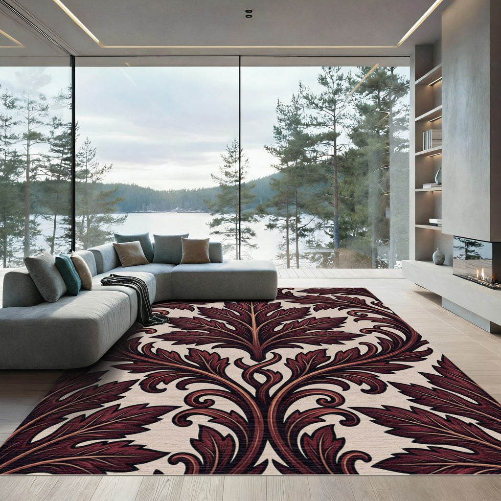 Deep Crimson Acanthus Leaf Scrollwork Rug