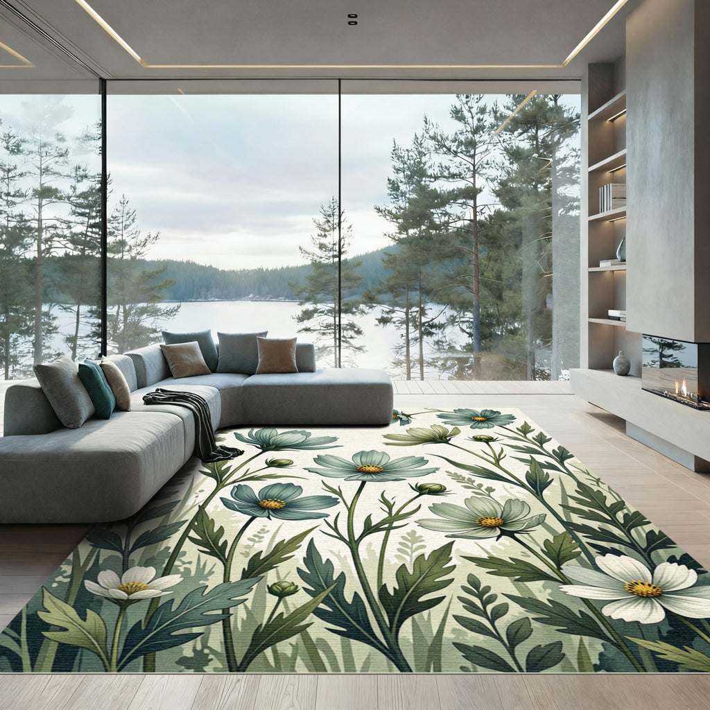 Soft Sage Botanical Cosmos Meadow Rug