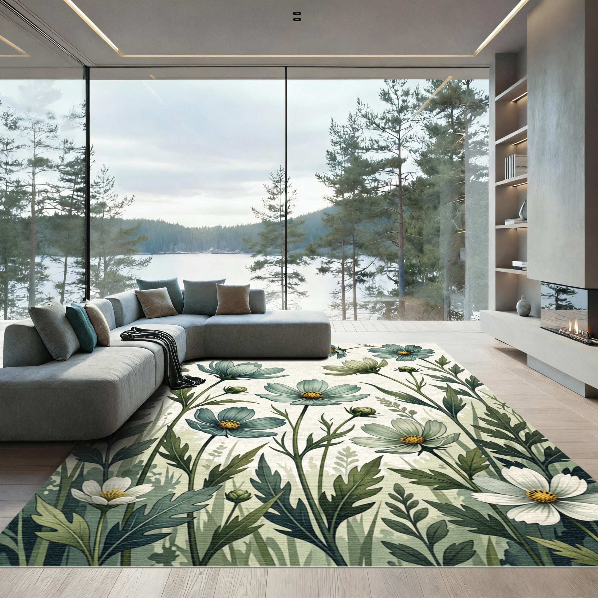 Soft Sage Botanical Cosmos Meadow Rug