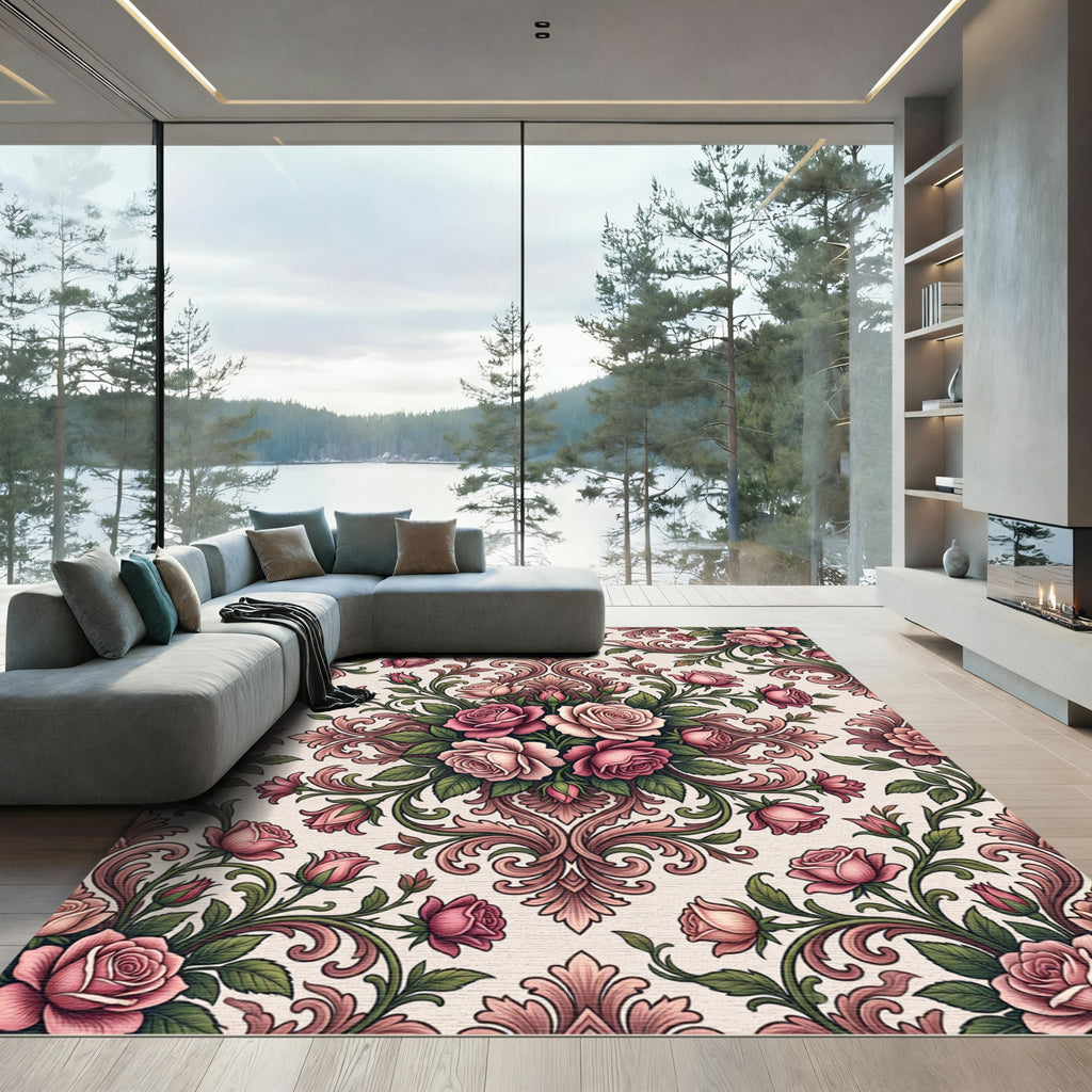 Elegant Dusty Rose Floral Damask Rug