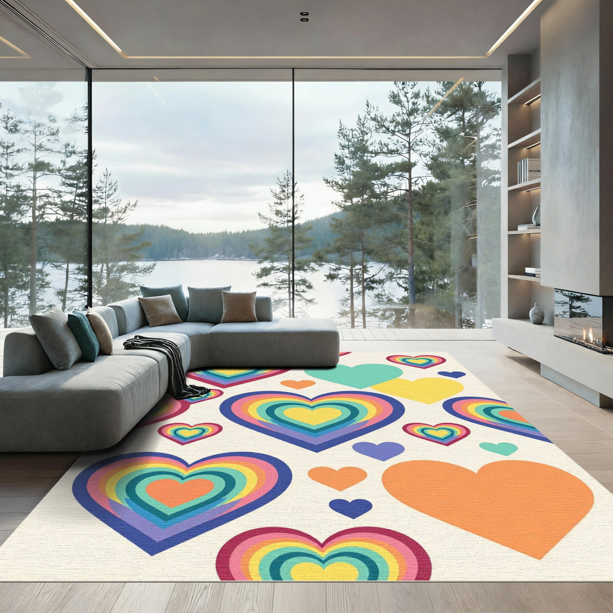 Vibrant Rainbow Layered Heart Abstract Rug