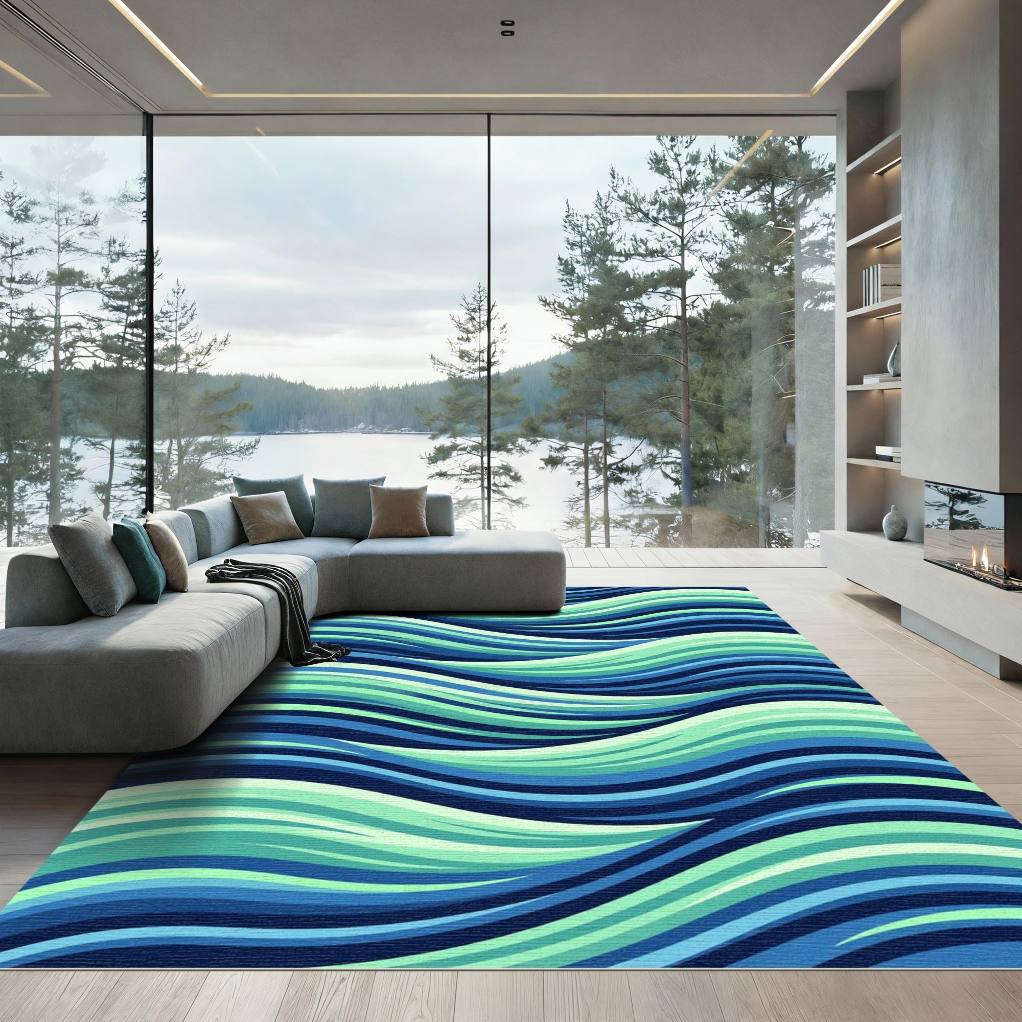 Modern Blue and Mint Wavy Ocean Rug