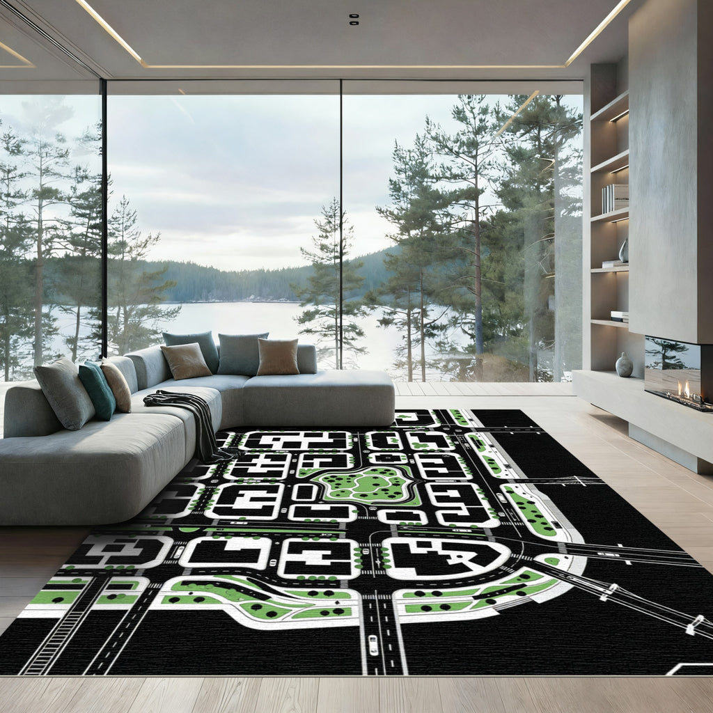 Minimalist Black and White Abstract Cityscape Rug