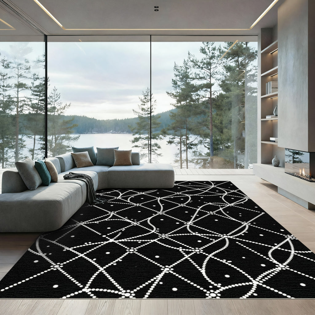 Black White Dotted Lattice Abstract Rug