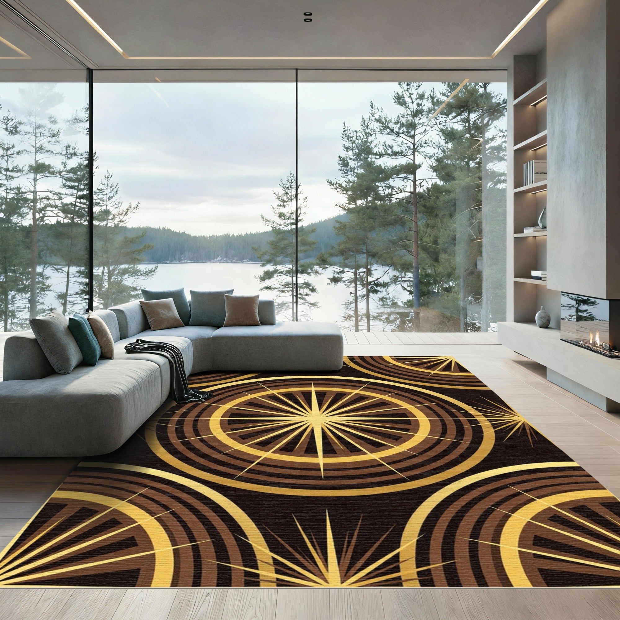 Golden Brown Sunburst Geometric Rug