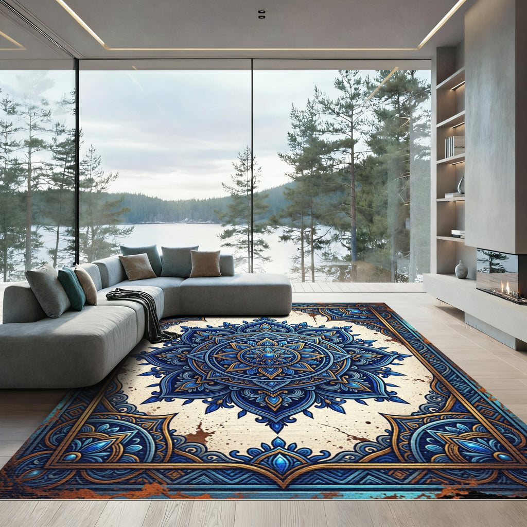 Ornate Royal Blue Gold Sacred Mandala Rug
