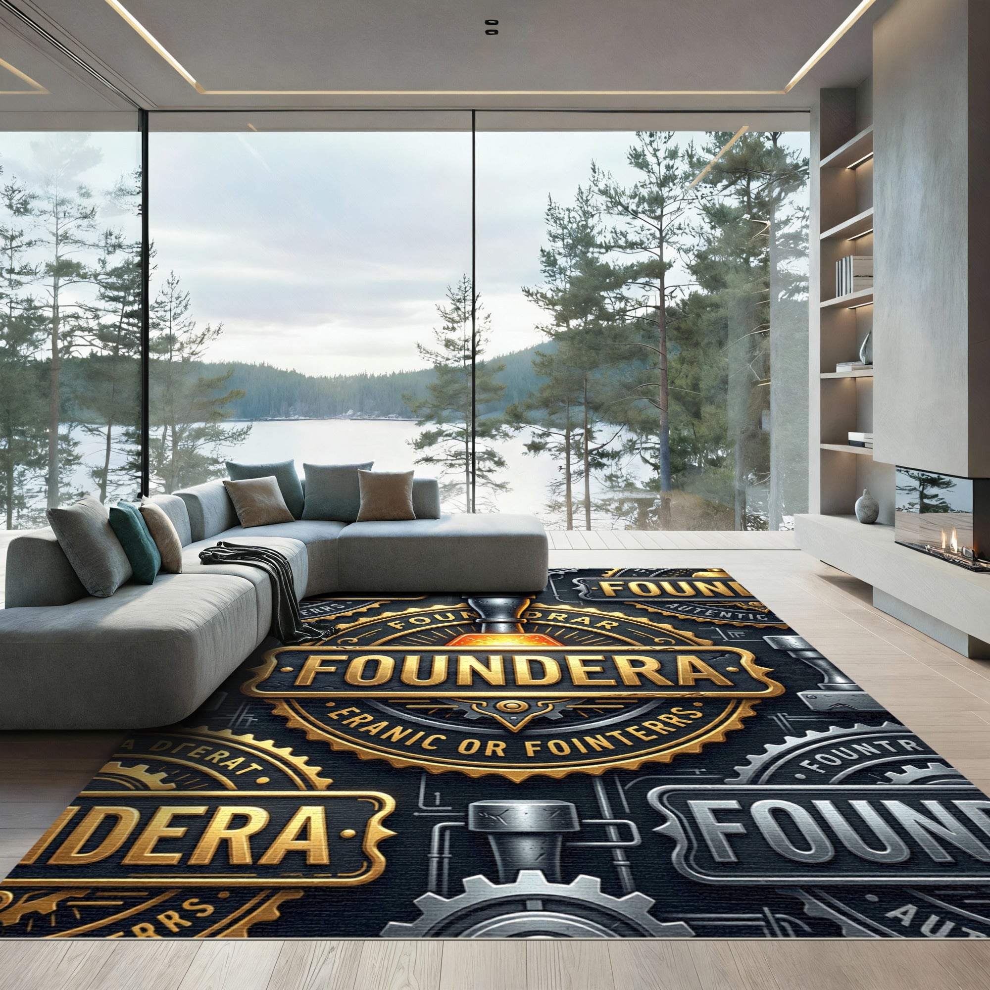 Industrial Golden Gear Steampunk Emblem Rug