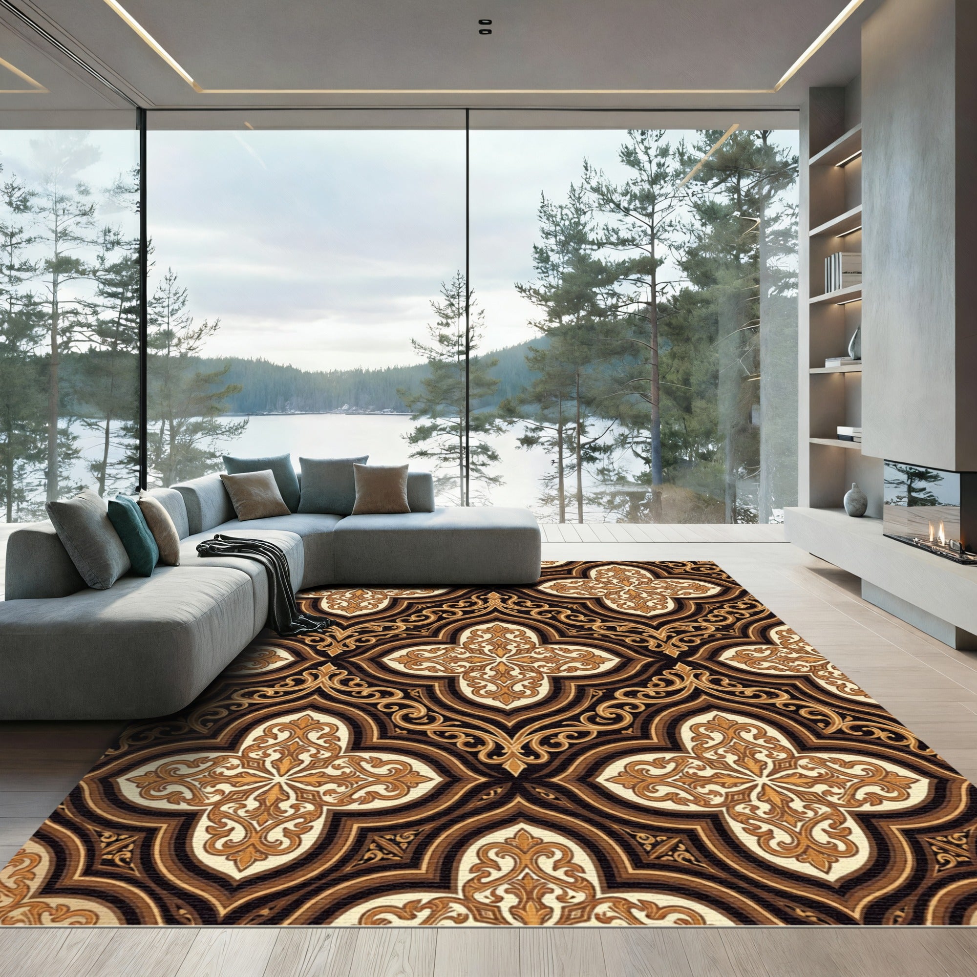 Ornate Gold Arabesque Damask Scroll Rug