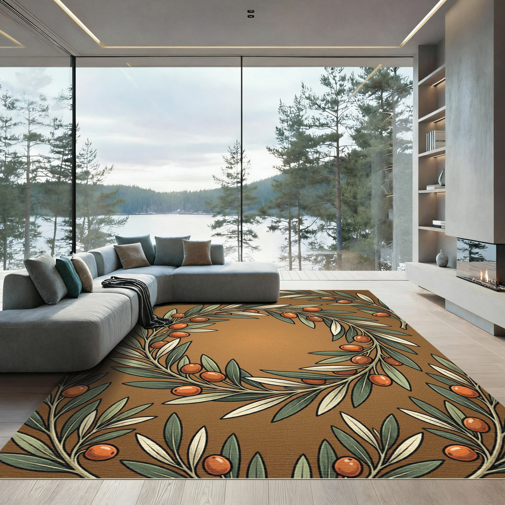 Brown Olive Branch Wreath Rug