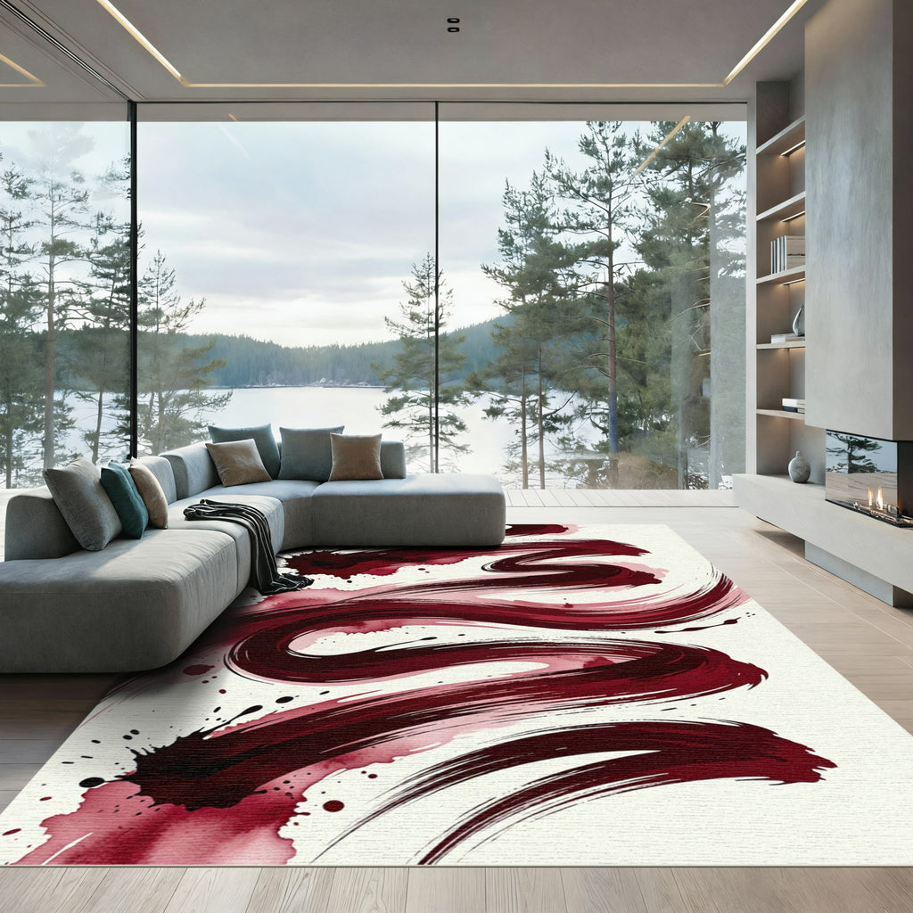 Crimson Ink Splatter Brush Stroke Rug