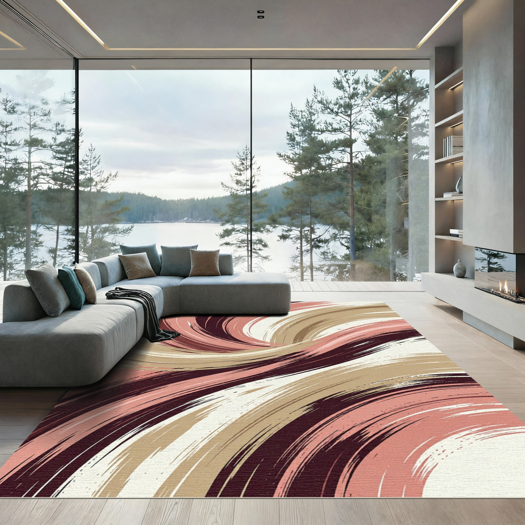 Crimson Blush Swirl Abstract Brushstroke Rug