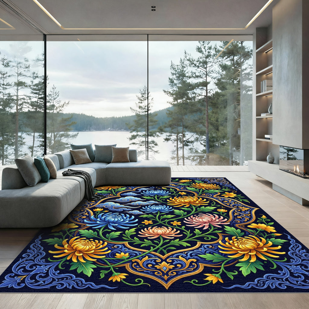 Ornate Chrysanthemum Floral Navy Gold Tapestry Rug