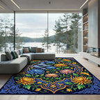Ornate Chrysanthemum Floral Navy Gold Tapestry Rug